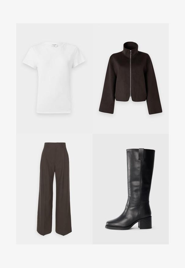 Svart kort fleecejacka med hög krage, full dragkedja och vida ärmar, med en mjuk textur och slät yta.; Vit bomulls t-shirt med rundad halsringning och korta ärmar, med en avslappnad passform och minimalistisk design. Etikett synlig vid nacken.; Mörkbruna vidbyxor med hög midja, som har fint pressade veck, en slät textur och en skräddarsydd passform.; Svart läder knähöga stövlar med slät yta, fyrkantig tå, blockklack och sidodragflik, som har minimala sömnadsdetaljer.