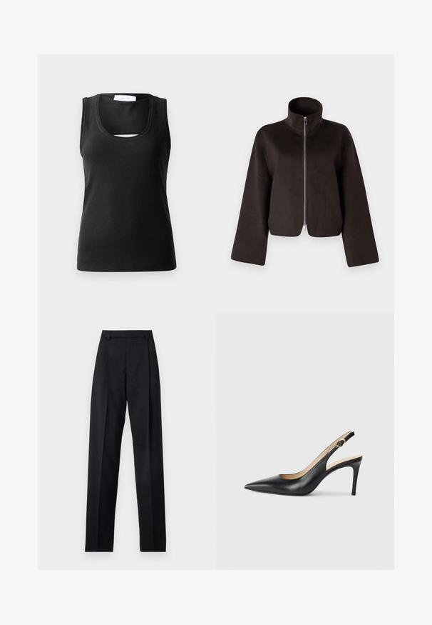 Must värvitud lühikeste varrukatega fliisjakid, millel on kõrge krae, täispikkus tõmblukk ja laiad varrukad, millel on pehme tekstuur ja sile viimistlus.; Must muströödik, mis on valmistatud ribadest kangast, omab ümmargust kaelust ning esiküljel on väike lõikekuju, et lisada disainielementi.; Mustad püksid siledast kangast, millel on kõrge vöökoht, laiad jalad, esimesed kortsud ja klassikalised vööloopid. Küljepockets pole nähtavad.; Mustad nahast seljataga kõrged kontsad, kellel on terav varvas, reguleeritav rihm ja sujuva viimistlusega stiilne stiletto konts.