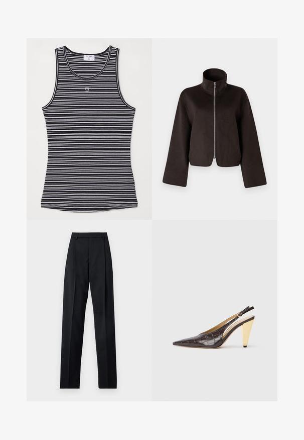 Czarna, skrócona bluza polarowa z wysokim kołnierzem, pełnym zamkiem i szerokimi rękawami, charakteryzująca się miękką teksturą i gładkim wykończeniem.; Czarny i biały pasek top z miękkiego materiału, posiadający okrągły dekolt i małe logo na środku przodu.; Czarne spodnie wykonane z gładkiego materiału, z wysokim stanem, szerokimi nogawkami, fałdami z przodu i klasycznymi szlufkami na pasek. Brak widocznych kieszeni bocznych.; Sandały na obcasie z przeszyciem w ciemnym brązowym lakierowanym faux krokodyle. Posiadają złoty geometrzyczny obcas oraz regulowany pasek wokół kostki.