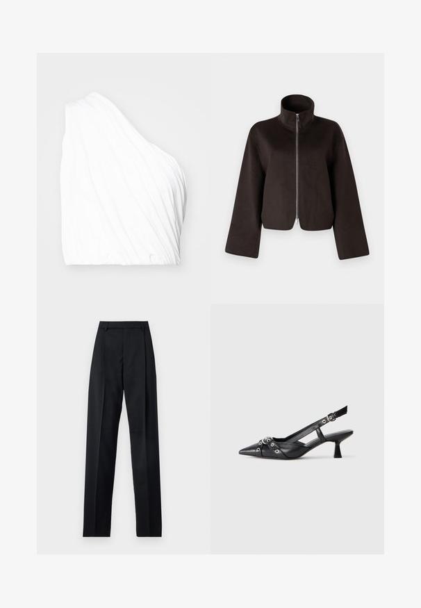 Must värvitud lühikeste varrukatega fliisjakid, millel on kõrge krae, täispikkus tõmblukk ja laiad varrukad, millel on pehme tekstuur ja sile viimistlus.; Asümmeetriline valge topp, mis on valmistatud kergest kangast, millel on voolav tekstuur ja elastne alläär. Sile pind pehmete, voolavate joontega.; Mustad püksid siledast kangast, millel on kõrge vöökoht, laiad jalad, esimesed kortsud ja klassikalised vööloopid. Küljepockets pole nähtavad.; Must must have must toote tõmblukuga, dekoratiivsed rihmad metallist silmadega ja madal blokk-kand. Tekstureeritud pind.