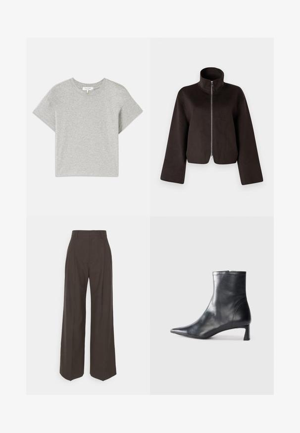 Black cropped fleece jacket with a high collar, full zip, and wide sleeves, featuring a soft texture and smooth finish.; Gray short-sleeve t-shirt made of soft cotton. Crew neckline with a relaxed fit and no visible patterns or accents. Tag on the inside.; Dark brown wide-leg trousers with a high waist, featuring neatly pressed creases, smooth texture, and a tailored fit.; Black leather ankle boot with a pointed toe and a sleek design. Features a low heel and a zipper closure at the back. Smooth texture.
