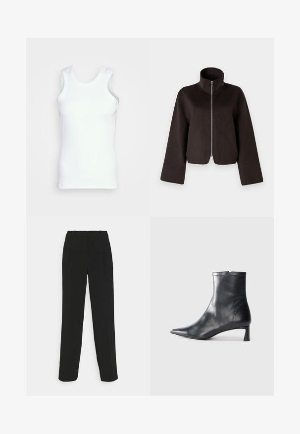 Fekete, rövidített bolyhos dzseki magas gallérral, teljes cipzárral és széles ujjal, puha textúrával és sima felülettel.; Fehér ujjatlan pántnélküli top, ribbed pamutból készült. Kerek nyakkivágással és oldalsó varrásokkal rendelkezik, alakított fazonú, sima textúrával.; Fekete, testre szabott nadrágok, egyenes szárú dizájnnal, magas derékkal, redőkkel és sima szövettextúrával.; Fekete bőr bokacsizma hegyes orral és letisztult dizájnnal. Alacsony sarka és hátsó cipzáras záródása van. Simának tűnő textúra.