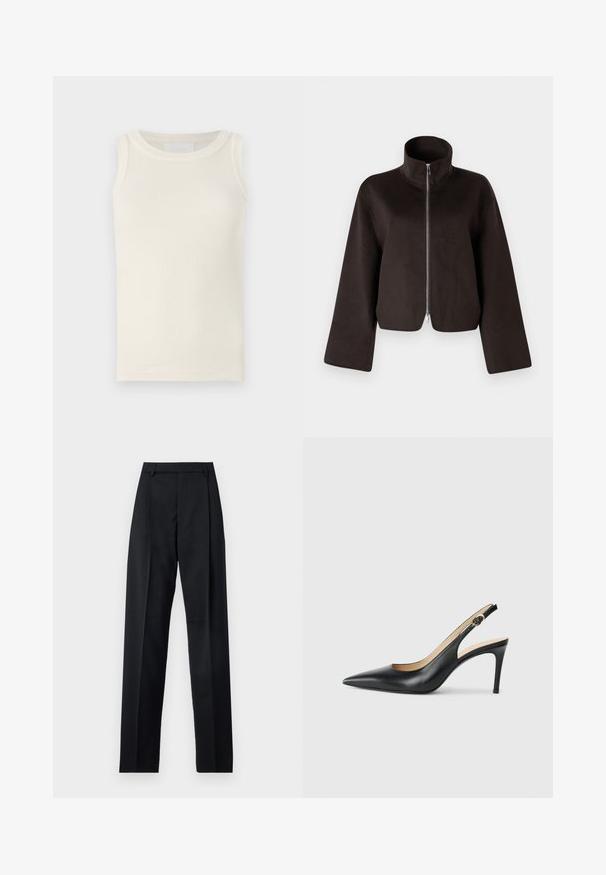 Chaqueta de forro polar negra recortada con un alto cuello, cremallera completa y mangas amplias, que presenta una textura suave y un acabado liso.; Top sin mangas de canalé en color blanco roto. Presenta un escote redondo y una textura sutil. Diseño simple sin logotipos ni patrones visibles.; Pantalones negros de tela suave con cintura alta, piernas amplias, pliegues frontales y lazos de cinturón clásicos. No hay bolsillos laterales visibles.; Tacones altos negros de cuero con tirantes, punta afilada, correa ajustable y un elegante tacón de aguja, con un acabado suave.