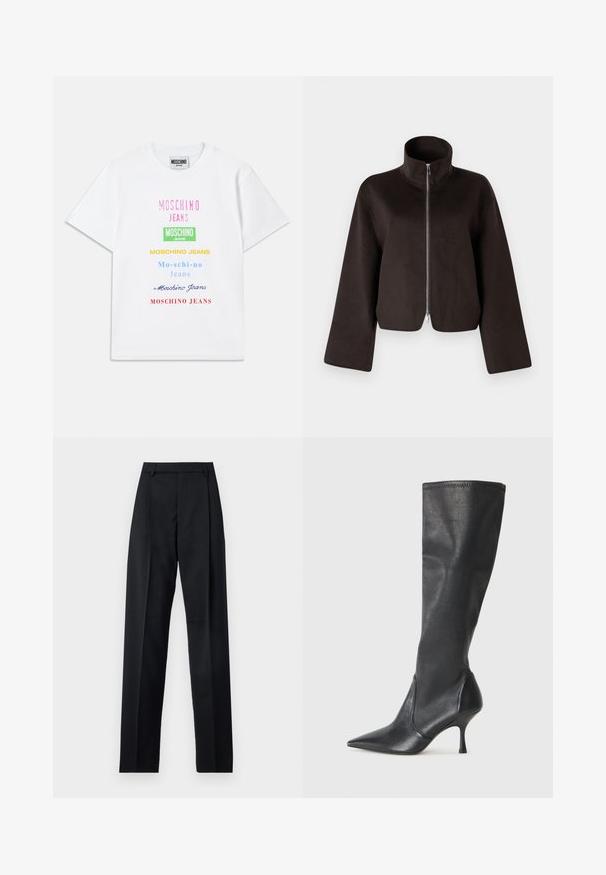 Must värvitud lühikeste varrukatega fliisjakid, millel on kõrge krae, täispikkus tõmblukk ja laiad varrukad, millel on pehme tekstuur ja sile viimistlus.; Valge puuvillane T-särk, mille ees on mitmed teksti logod roosa, rohelise, kollase, sinise ja punase värviga, paigutatud vertikaalselt.; Mustad püksid siledast kangast, millel on kõrge vöökoht, laiad jalad, esimesed kortsud ja klassikalised vööloopid. Küljepockets pole nähtavad.; Knee-high mustad nahksaapad terava nina ja kitsaste stiilsete kontsadega. Sile tekstuur sobiva disainiga ja õmblused ülemisel serval.