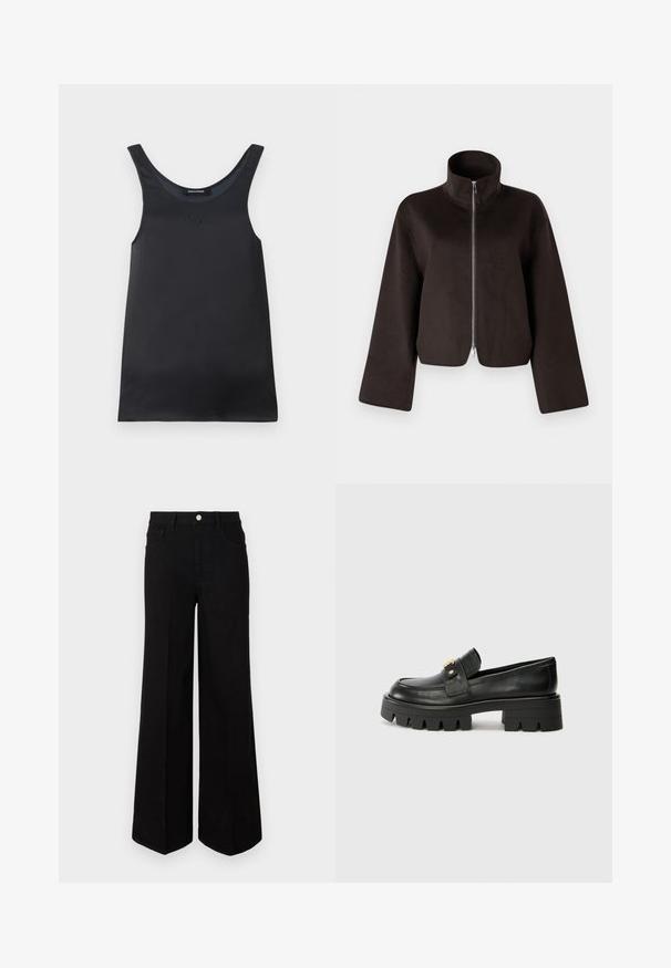 Black cropped fleece jacket with a high collar, full zip, and wide sleeves, featuring a soft texture and smooth finish.; Black sleeveless tank top made of smooth fabric. Features a rounded neckline and a subtle logo detail near the collar. Simple and minimalist design.; Black wide-leg jeans made of sturdy fabric, featuring a high waist, front pockets, and a front button closure. Flat hem at the bottom.; Black leather loafers with a chunky sole, featuring a gold-tone accent on the front and a smooth finish. Chunky tread design on the sole.