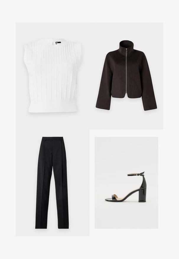 Schwarze, kurz geschnittene Fleecejacke mit hohem Kragen, vollem Reißverschluss und weiten Ärmeln, ausgestattet mit einer weichen Textur und glatter Oberfläche.; Weißes, gestricktes, ärmelloses Oberteil mit vertikaler Rippstruktur, rundem Ausschnitt und enganliegendem Saum. Mit einem kleinen Verschlussdetail im Rücken.; Schwarze Hosen aus glattem Stoff mit hoher Taille, weitem Bein, vorderen Falten und klassischen Gürtelschlaufen. Keine sichtbaren Seitentaschen.; Schwarze Lackleder-Sandalette mit weitem Absatz, offener Zehenpartie und Knöchelriemen mit goldener Schnalle. Glatte Textur und elegantes Design.