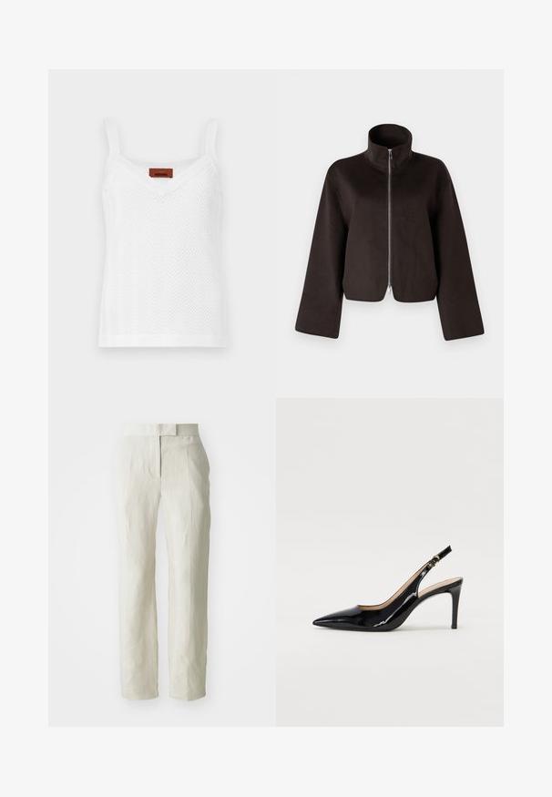 Czarna, skrócona bluza polarowa z wysokim kołnierzem, pełnym zamkiem i szerokimi rękawami, charakteryzująca się miękką teksturą i gładkim wykończeniem.; Biały, dziany top na ramiączkach w wzór rybiej ości, z cienkimi ramiączkami i dekoltem w szpic. Metka nosi nazwę marki "Missoni."; Białe lniane spodnie o dopasowanym kroju, z gładkim przodem i prostymi nogawkami. Gładka tekstura z delikatnymi zagnieceniami.; Czarne lakierowane szpilki typu slingback z szpiczastym noskiem, smukłym obcasem i subtelnym wycięciem. Posiadają złotą klamrę na pasku.