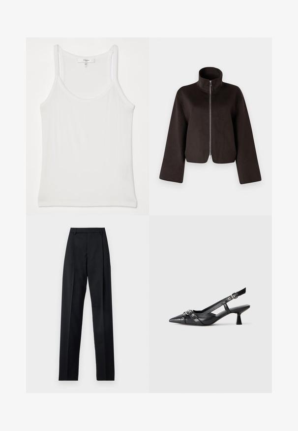 Melnas īsās vilnas jaka ar augstu apkakli, pilnu rāvējslēdzēju un plašām piedurknēm, ar mīkstu tekstūru un gludu apdari.; Balta bezpalakaina kreklveida blūze, izgatavota no mīksta, ribota auduma; ar plānām siksniņām un apaļu kakla izgriezumu, birka ar uzrakstu "FRAME".; Melnas bikses, izgatavotas no gludas auduma, ar augstu vidukli, platiem bikšu galdniekiem, priekšējiem krokām un klasiskām jostu cilpām. Sānu kabatas nav redzamas.; Melnas ādas šlipsveida kurpes ar norādītu purngalu, dekoratīvām joslām ar metāla acīm un zemu bloku papēdi. Teksturēta virsma.