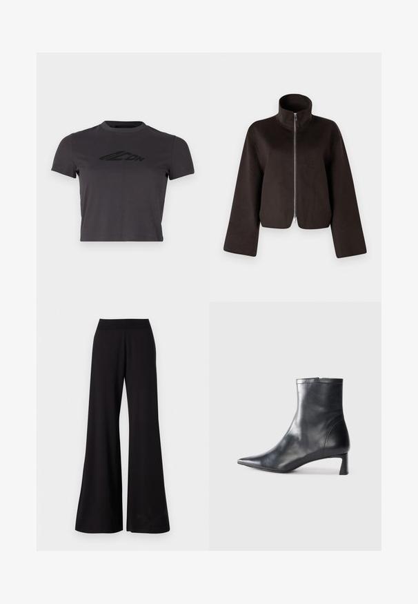 Chaqueta de forro polar negra recortada con un alto cuello, cremallera completa y mangas amplias, que presenta una textura suave y un acabado liso.; Camiseta corta de color gris oscuro hecha de algodón suave, con un cuello redondo y un estampado de logo negro en la parte delantera. Mangas cortas y diseño ajustado.; Pantalones negros de pierna ancha hechos de una tela suave con una cinturilla alta y elástica. Los pantalones tienen una longitud completa y un diseño sencillo sin patrones.; Botín de cuero negro hasta el tobillo con punta afilada y un diseño elegante. Presenta un tacón bajo y un cierre con cremallera en la parte trasera. Textura suave.