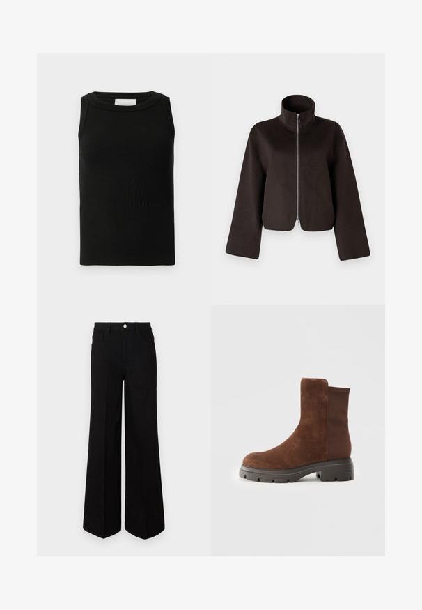 Black cropped fleece jacket with a high collar, full zip, and wide sleeves, featuring a soft texture and smooth finish.; Black ribbed tank top made from a soft material, featuring a round neckline and sleeveless design. Simple and versatile shape.; Black wide-leg jeans made of sturdy fabric, featuring a high waist, front pockets, and a front button closure. Flat hem at the bottom.; Brown suede ankle boot with elastic side panels, rounded toe, and a thick rubber sole featuring a textured tread pattern.
