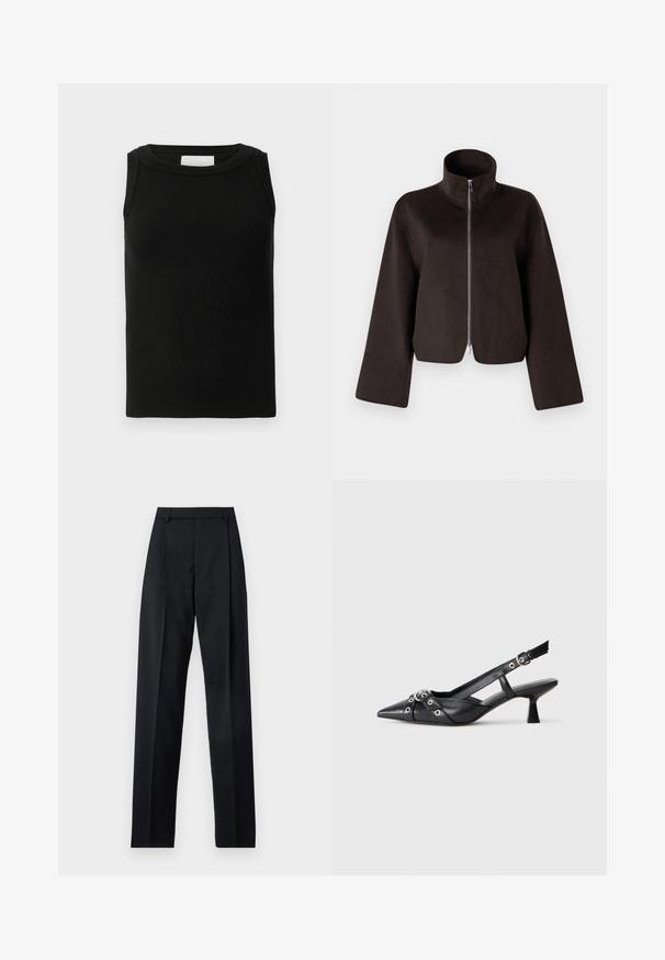 Čierna skrátená flísová bunda s vysokým golierom, plným zipsom a širokými rukávmi, ktorá sa vyznačuje mäkkou textúrou a hladkou povrchovou úpravou.; Čierny rebrovaný tielko vyrobené z mäkkého materiálu, s okrúhlym výstrihom a bezrukávovým dizajnom. Jednoduchý a všestranný strih.; Čierne nohavice vyrobené z hladkej látky s vysokým pásom, širokými nohavicami, prednými záhybmi a klasickými pútkami na opasok. Žiadne bočné vrecká nie sú viditeľné.; Čierne kožené slingback topánky s špicatou špičkou, ozdobnými popruhmi s kovovými očkami a nízkym blokovým podpätkom. Textúrovaný povrch.