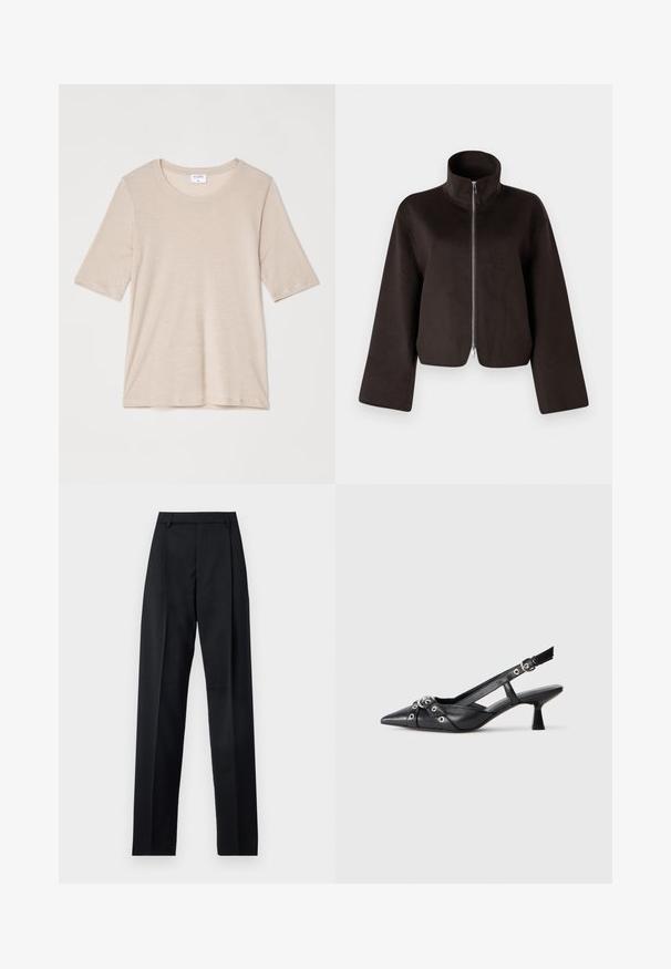 Veste en polaire noire coupée avec un col haut, fermeture éclair intégrale et manches larges, présentant une texture douce et une finition lisse.; Filippa K ELENA TEE - T-shirt basique - taupe; Pantalon noir en tissu lisse avec taille haute, jambes larges, plis à l'avant et passants de ceinture classiques. Pas de poches latérales visibles.; Chaussure slingback en cuir noir avec un bout pointu, des sangles décoratives avec œillets en métal et un petit talon carré. Surface texturée.
