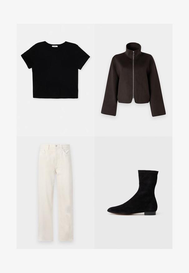Juodas trumpas vilnonis džemperis su aukštu apykakle, visiškai užtraukiamas ir plačiomis rankovėmis, turintis minkštą tekstūrą ir glotnų paviršių.; Juoda trumpa medvilninė marškinėliai, pagaminti iš minkštos medvilnės, turi trumpas rankoves, apvalų iškirpimą ir švarų apdailą be dekoracijų.; Šviesiai kreminiai tiesaus kirpimo džinsai su penkiomis kišenėmis, diržo kilpelėmis ir mygtuko bei užtrauktuko uždarymu juosmens srityje.; Juoda zomšo kulkšnė su prigludusia ašimi, smailiu pirštu ir žemu bloku. Lygus paviršius ir minimalistiškas dizainas, tinkantis įvairiems stiliams.