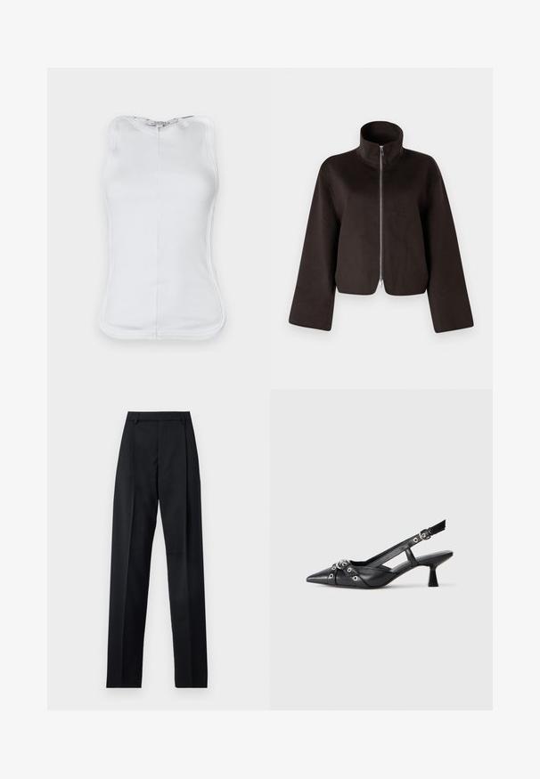 Črni kratki flis jakna z visokim ovratnikom, polnim zadrgo in širokimi rokavi, z mehkimi teksturami in gladkim zaključkom.; Bela brezrokavna majica iz rebrastega bombaža, ki ima prilegan kroj, okroglo ovratnico in vidno šivanje ob straneh.; Črne hlače iz gladkega materiala, ki imajo visok pas, široke noge, sprednje nabore in klasične zanke za pas. Nevidni stranski žepi.; Črne usnjene sandale središnje zaponke z ostro konico, okrasnimi trakovi z kovinskimi očesi in nizko blokasto peto. Teksturirana površina.