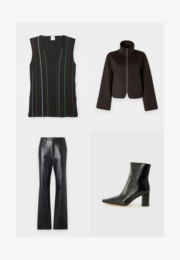 Melnas īsās vilnas jaka ar augstu apkakli, pilnu rāvējslēdzēju un plašām piedurknēm, ar mīkstu tekstūru un gludu apdari.; Melnā bezpiedurkņu krekls ar V veida kaklaizdari, ar vertikālām svītrām sarkanā, baltā, zilā, dzeltenā, zaļā un brūnā krāsā; ribota tekstūra.; Melnas ādas bikses ar gludu faktūru, platu kāju dizainu, priekšējo rāvējslēdzēju un jostas cilpām. Satur niansētu šuvju akcentus.; Melna potīte, izgatavota no mirdzošas ādas, ar norādītu purngalu un masīlu kvadrāta papēdi. Iezīmes ir gluda tekstūra un minimālisma dizains.