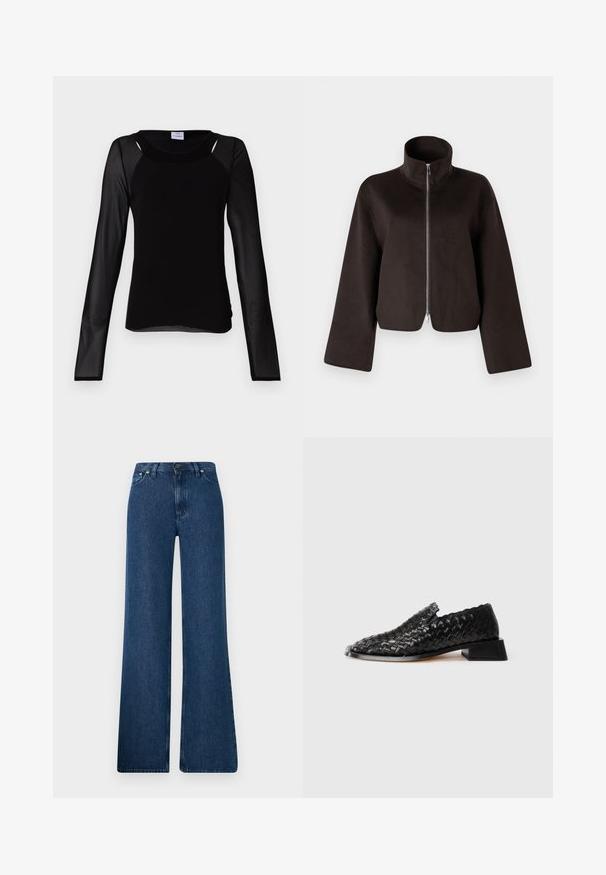 Zwarte cropped fleecejack met een hoge kraag, volle rits en brede mouwen, met een zachte textuur en een gladde afwerking.; Won Hundred AGNETHA - Longsleeve - black; Blauwe denim flared jeans met een hoge taille, vijf-pocket ontwerp en metalen knoopsluiting. Gladde textuur, casual stijl en minimale stiksels.; Zwarte leren geweven instapschoen met lage blokhak en geschulpte randafwerking, weergegeven op een witte achtergrond.