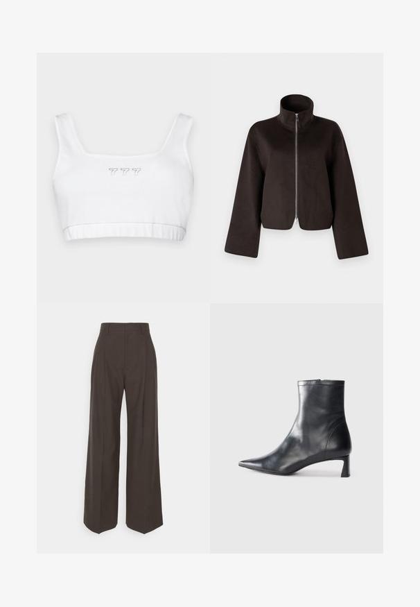 Mustat lyhyet fleecetakit, joissa on korkea kaulus, täysi vetskari ja leveät hihat. Takki on pehmeästä materiaalista ja siinä on sileä pinta.; Valkoinen puuvillainen crop-top, jossa on neliön muotoinen kaula-aukko, keskellä hienovaraisesti harmaalla brodeerattu "777" ja sileä rakenne kauttaaltaan.; Tummanruskeat leveälahkeiset housut korkealla vyötäröllä, joissa on siistit prässäykset, sileä pinta ja muotoonommeltu istuvuus.; Musta nahkainen nilkkabotti, jossa on teräväkärkinen muotoilu ja tyylikäs design. Varusteena matala korko ja takana vetoketjukiinnitys. Sileä pinta.