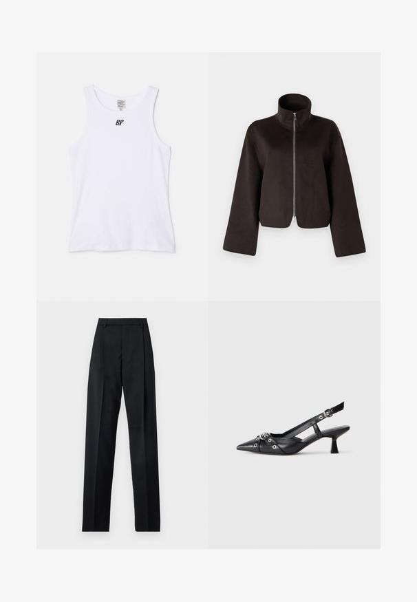 Czarna, skrócona bluza polarowa z wysokim kołnierzem, pełnym zamkiem i szerokimi rękawami, charakteryzująca się miękką teksturą i gładkim wykończeniem.; Biały bawełniany top bez rękawów z okrągłym dekoltem i średniej szerokości ramiączkami. Posiada małe czarne logo w okolicy klatki piersiowej. Gładka tekstura.; Czarne spodnie wykonane z gładkiego materiału, z wysokim stanem, szerokimi nogawkami, fałdami z przodu i klasycznymi szlufkami na pasek. Brak widocznych kieszeni bocznych.; Czarne skórzane buty typu slingback z ostrym noskiem, ozdobnymi paskami z metalowymi oczkami oraz niskim klinowym obcasem. Teksturowana powierzchnia.