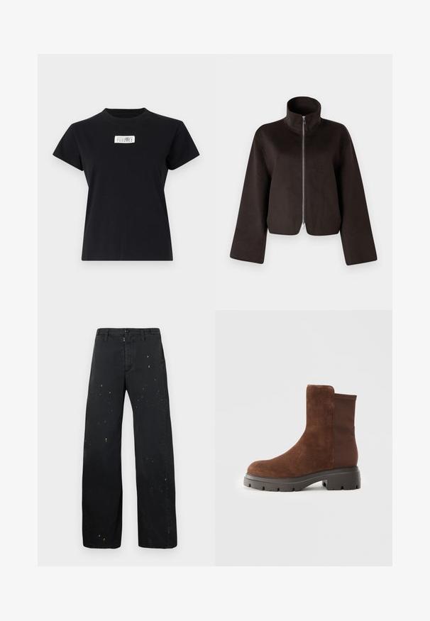 Čierna skrátená flísová bunda s vysokým golierom, plným zipsom a širokými rukávmi, ktorá sa vyznačuje mäkkou textúrou a hladkou povrchovou úpravou.; Čierne bavlnené tričko s okrúhlym výstrihom a krátkymi rukávmi. Na prednej strane sa nachádza biela nálepka s potlačenými číslami a kruhovým logom.; MM6 Maison Margiela PANTS - Džínsy voľného strihu - black; Hnedé semišové členkové topánky s elastickými bočnými panelmi, zaoblenou špičkou a hrubou gumovou podrážkou so štruktúrovaným vzorom.