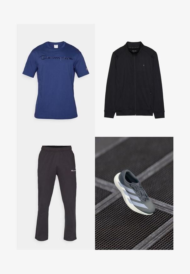 Melna jaciņa ar rāvējslēdzēju, izgatavota no mīksta auduma, ar augstu apkakli, sānu kabatām un šuvēm uz pleciem. Minimalistiska logo uz krūtīm.; Tums zilganas kokvilnas T-krekls ar teksturētu "Champion" logotipu uz krūtīm un izšūtu logotipu uz kreisā piedurkne. Īsas piedurknes, apaļa kakla izgriezums.; Melnas treniņu bikses ar elastīgu jostu, kurām ir mazs balts logotips uz kreisā augšstilba un taisna kāju forma. Mīksts kokvilnas maisījuma audums.; Sporta apavi pelēkā un baltā krāsā, izgatavoti no sintētiska materiāla, ar plūstošu dizainu, teksturētu virsmu un izteiktu auklu sistēmu.
