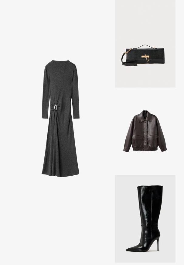 Brown leather jacket with a broad collar, two front pockets, and elastic gathered accents at the hem. Smooth, glossy texture.; Long-sleeved, grey dress made of soft fabric. Features a twist detail at the waist with a round silver hardware accent. Flowing skirt.; Black leather knee-high boots with a pointed toe and high stiletto heel. Smooth texture and sleek design, featuring minimal detailing.; Black clutch bag with a textured finish, gold chain strap, and a clasp closure. Rectangular shape with a sleek, minimalistic design.