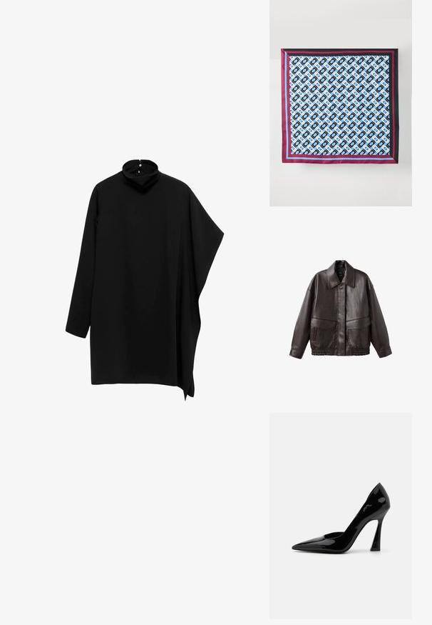 Chaqueta de cuero marrón con un amplio cuello, dos bolsillos frontales y detalles elásticos en el dobladillo. Textura suave y brillante.; Top negro de cuello alto con mangas largas, diseño asimétrico y tejido fluido; cuenta con un cierre de botón en la parte posterior del cuello.; Zapato de tacón alto de charol negro con punta afilada y tacón stilettos angular, que presenta una textura suave y brillante.; Pañuelo de seda con un patrón repetido en azul y negro sobre un fondo blanco, enmarcado con franjas en marrón y azul a lo largo de los bordes.