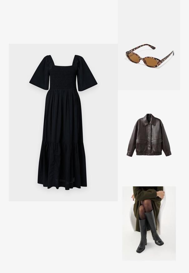 Bruine leren jas met een brede kraag, twee voortassen en elastische gathered accenten aan de onderrand. Gladde, glanzende textuur.; Zwarte maxi-jurk met een vierkante halslijn, gerimpelde buste en korte puffmouwen. De uitlopende gelaagde zoom voegt volume en textuur toe. Lichte stof.; Knieschijf hoge zwarte leren laarzen met een vierkante neus en blokhak, getoond met een model dat zit in een olijfgroene jas. Gladde textuur, minimale details.; Schildpadvormige zonnebril met ovale lenzen, bruin getint, dunne armen met een gestructureerd patroon, lichtgewicht kunststof frame.; Beige gestructureerde handtas met een V-vormige bovenkant, van glad leder, korte handvatten en een lange verstelbare schouderriem. Minimalistisch ontwerp.; Bruine leren handschoenen met een gladde textuur, voorzien van vijf vingers, een elastische pols en decoratieve stitching langs de rand.