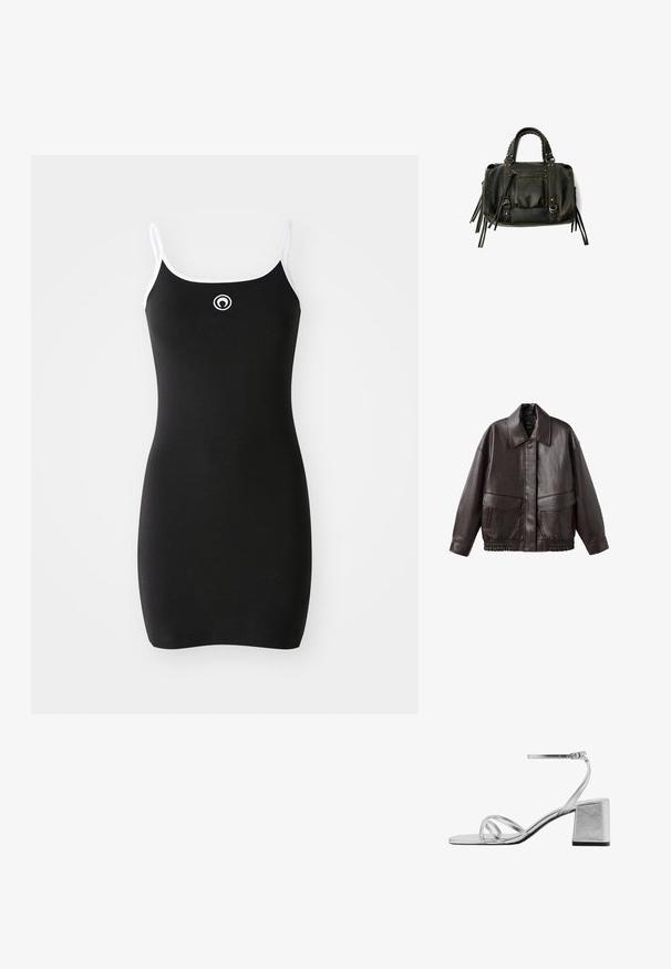 Hnedá kožená bunda so širokým golierom, dvoma prednými vreckami a elastickými zhromaždenými detailmi na spodnom leme. Hladká, lesklá textúra.; Čierne rebrové šaty s tenkými bielymi ramienkami a kruhovým logom na hrudi. Jednoduchý dizajn, priliehavý strih, hladká textúra.; Strieborné sandále na blokovom podpätku s tenkými krížovými remienkami a nastaviteľným remienkom okolo členka. Hladký kovový povrch.; Čierna kožená kabelka s vrkočovými uchami, zipsovou kapsou a zavesenými strapcami. Textúrovaný povrch s kovovými cvokmi a akcentmi z kovu.