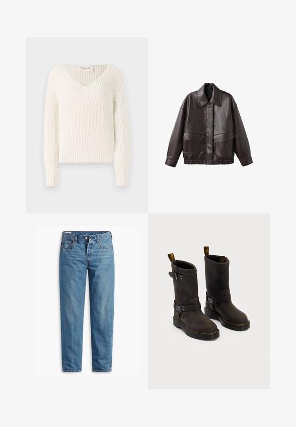 Jachetă din piele maro cu guler lat, două buzunare frontale și accente elastice strânse la tiv. Textură netedă, lucioasă.; Pulover alb din tricot cu dungi, cu guler în V, mâneci lungi și o croială lejeră. Eticheta spune "CLOSED" la guler.; Jeans din denim albastru cu croi drept, prezentând un fermoar, două buzunare frontale și o decolorare subtilă pe întreaga țesătură.; Bocanci din piele maro închis cu un design până la jumătatea tibiei, cusături galbene, curele cu catarame ajustabile și bucle pentru tragere în partea de sus. Finisaj texturat.