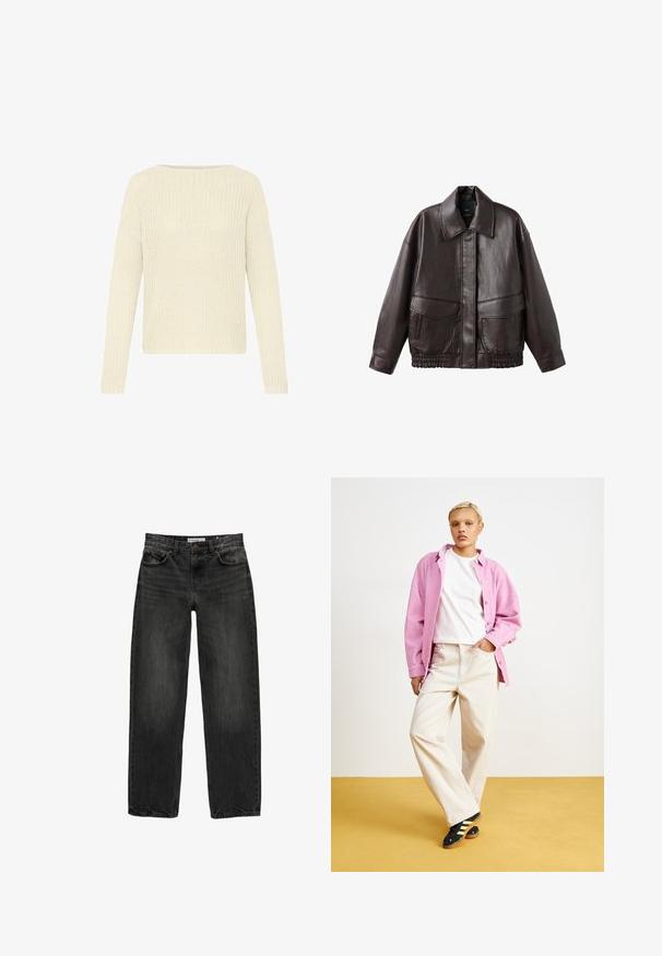 Smeđa kožna jakna s širokim ovratnikom, dva prednja džepa i elastičnim naborima na rubu. Glatka, sjajna tekstura.; Krem boje pletena vesta sa širokim izrezom, dugim rukavima i teksturiranim uzorkom. Rebrasti rubovi na rukavima i donjim ivicama.; Crne traperice od denima s opuštenim krojem, ravnim nogavicama, dizajnom s pet džepova i blago izblijedjelom teksturom. Zaključavanje na dugme i patentni zatvarač sprijeda.; Ružičasta kordura košulja preko bijele majice, uparena s bež hlačama širokih nogavica i crnim cipelama sa žutim prugama. Postavljeno na žutoj pozadini.