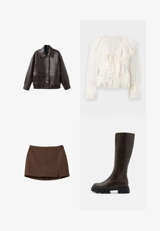 Ruskea nahkatakki, jossa on leveä kaulus, kaksi etutaskua ja joustavat kerroitut yksityiskohdat helman kohdalla. Sileä, kiiltävä pinta.; Valkoinen paita, jossa on kerroksellinen, röyhelöity muotoilu, pitsireunus hihoissa ja helmassa sekä V-pääntie, joka suljetaan nyörillä.; Ruskea minihame, valmistettu sileästä kankaasta, jossa etumallinen halkio, siistit linjat ja jämäkkä istuvuus. Ei taskuja tai näkyviä metalliosia.; Vartalon korkeutta olevat ruskeat synteettisestä nahasta valmistetut saappaat, joissa on paksu musta kumipohja ja joustavat sivupaneelit helppoa pukemista varten. Tasainen pinta, minimaalinen muotoilu.