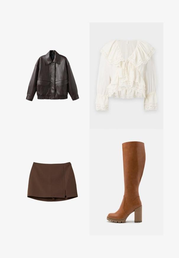 Braune Lederjacke mit breitem Kragen, zwei Fronttaschen und elastisch gerafften Akzenten am Saum. Glatte, glänzende Textur.; Weiße Bluse mit geschichteter, Rüschendesign, Spitzenbesatz an den Ärmeln und dem Saum sowie einem V-Ausschnitt mit einem Kordelzugverschluss.; Brauner Minirock aus glattem Stoff, mit einem vorderen Schlitz, klaren Linien und einer strukturierten Passform. Ohne Taschen oder auffällige Hardware-Details.; Anna Field High Heel Stiefel - cognac