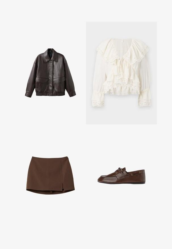 Brun læderjakke med en bred krave, to forlommer og elastiske samlinger ved kanten. Glat, blank tekstur.; Hvid bluse med et lagdelt, volangdesign, blondebånd på ærmerne og kanten, samt en V-hals med snorelukning.; Brun mininederdel lavet af glat stof, med en frontslids, rene linjer og en struktureret pasform. Ingen lommer eller markante hardware detaljer.; Brune lædersko uden snørebånd med en glat overflade, prydet med dekorativ syning og runde øjer. Flad sål med en rund tåform.