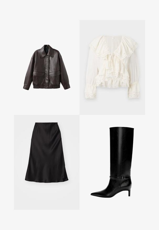 Braune Lederjacke mit breitem Kragen, zwei Fronttaschen und elastisch gerafften Akzenten am Saum. Glatte, glänzende Textur.; Weiße Bluse mit geschichteter, Rüschendesign, Spitzenbesatz an den Ärmeln und dem Saum sowie einem V-Ausschnitt mit einem Kordelzugverschluss.; Schwarzer Satin-Rock im Slip-Stil mit glatter Textur, ausgestellter Form und elastischem Bund. Minimalistisches Design, keine zusätzlichen Muster oder Akzente.; Schwarze Lederstiefel bis zum Knie mit spitzer Zehe und kleinem Absatz. Verfügt über einen schmalen Riemen mit einer metallischen Schnalle am Knöchel. Glatte Textur.