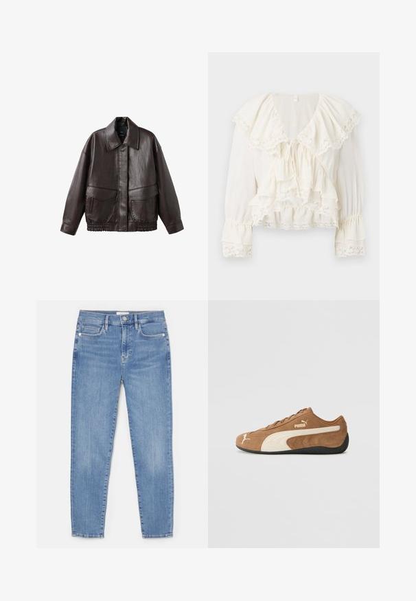 Hnědá kožená bunda s širokým límcem, dvěma předními kapsami a elastickými nařasenými prvky na spodním lemu. Hladká, lesklá textura.; Bílá blůza s vrstveným, volánkovým designem, krajkovým lemem na rukávech a spodním okraji, a výstřihem do V se stahovací šňůrkou.; Světle modré džíny z denimu s přiléhavým střihem, pěti kapsami, předním zapínáním na knoflík a viditelným prošíváním podél švů.; Hnědé semišové nízké tenisky s krémovými akcenty, texturovaným povrchem, černou gumovou podrážkou a vyšívaným logem na boku a jazyku.