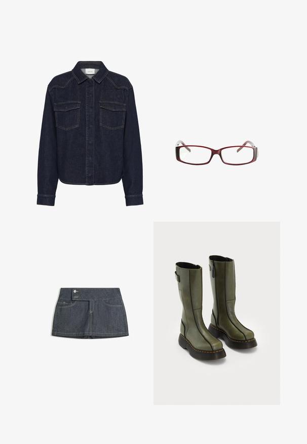Hnědá kožená bunda s širokým límcem, dvěma předními kapsami a elastickými nařasenými prvky na spodním lemu. Hladká, lesklá textura.; Tmavě modrá denimová bunda s límečkem, zapínáním na knoflíky, dvěma náprsními kapsami a dlouhými rukávy. Kontrastní prošívání po celém povrchu.; Tmavá džínsová sukně s vysokým pasem, vybavená dvěma předními kapsami, zapínáním na knoflík a kontrastním prošíváním podél okrajů.; Pár olivově zelených kožených bot po lýtka s černými tlustými podrážkami a oranžovým prošíváním, s postranními zipy a detaily pásku na zadní části.}}; Červené obdélníkové brýle s elegantním designem. Průhledné čočky, mírně průsvitné stranice a přechodový efekt z červené do šedé.; Černá kožená kabelka s uvolněným tvarem, zdobená stříbrnými kulatými hroty a jedním ramenním popruhem. Hladký povrch a lesklý vzhled.