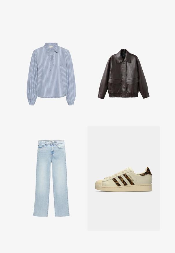 Hnědá kožená bunda s širokým límcem, dvěma předními kapsami a elastickými nařasenými prvky na spodním lemu. Hladká, lesklá textura.; Kaffe MILINA - Blůza - windward blue melange stripe; Světle modré široké džíny vyrobené z denimu s vysokým pasem, pěti kapsami a zapínáním na knoflík. Obsahují minimální detaily šití.; Off-white tenisky Adidas Superstar s pruhy a zadním poutkem s leopardím vzorem, béžovou gumovou špičkou a textem "SUPERSTAR" na boku.