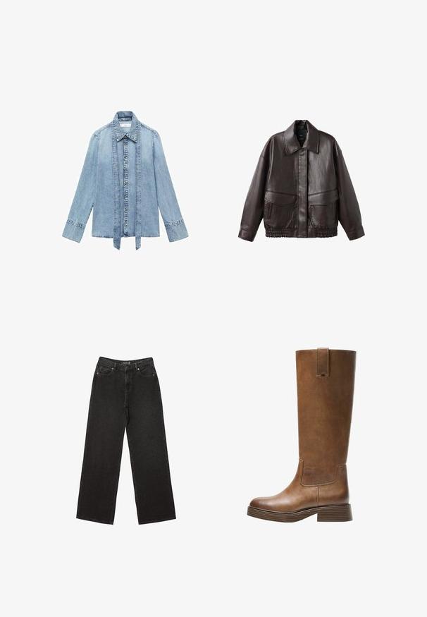 Rjava usnjena jakna z širokim ovratnikom, dvema sprednjima žepoma in elastičnimi nabrano oblikovanimi poudarki na robu. Gladka, sijoča tekstura.; Svetlo modra denim srajca z dolgimi rokavi in sprednjim gumbom za zapiranje, s koničastim ovratnikom in podaljšanimi navpičnimi denim trakovi, ki visijo ob gumbni liniji.; Črne široke jeans hlače iz denima, z majhnimi pikčastimi vzorci, klasičnim petim žepom ter z gumbom in zadrgo za zapiranje.; Bralne usnjene škornje do kolen z zaobljenim nosom, teksturirano površino in nizkim platiščem. Imajo stranski panel in zanko za poteg na vrhu.