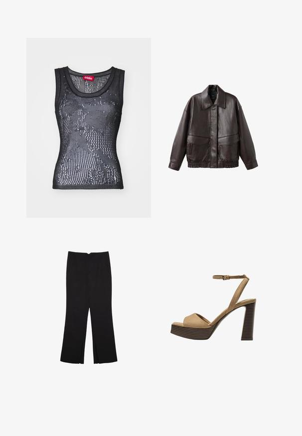 Braune Lederjacke mit breitem Kragen, zwei Fronttaschen und elastisch gerafften Akzenten am Saum. Glatte, glänzende Textur.; Schwarzes Netz-Tanktop mit rundem Halsausschnitt und einem Muster aus kleinen Löchern. Das Etikett innen trägt die Aufschrift "032c". Das Material wirkt leicht und strukturiert.; Schwarze Hose mit geradem Schnitt, ausgestattet mit Fronttaschen und Seitenschlitzen am Saum. Hergestellt aus weichem, glattem Stoff. Geeignet für verschiedene Anlässe.; Beige Wildleder-Pumps mit hohem Absatz, breitem Vorderband und Knöchelriemen, ausgestattet mit einem klobigen Holzblockabsatz mit strukturiertem Finish.