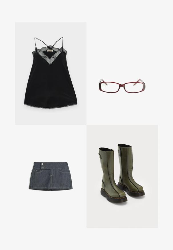 Brown leather jacket with a broad collar, two front pockets, and elastic gathered accents at the hem. Smooth, glossy texture.; Black camisole with adjustable straps, featuring a lace plunge neckline and scalloped edges. Smooth fabric with a slight sheen.; Dark denim skirt with a high waistband, featuring two front pockets, a button closure, and contrasting stitching along the edges.; Pair of olive green mid-calf leather boots with black thick soles and orange stitching, featuring side zippers and a strap detail on the upper back.; Red rectangular eyeglasses with a sleek design. Clear lenses, slightly translucent temples, and a gradient effect from red to gray.; Black leather handbag with a slouchy shape, featuring silver circular studs and a single shoulder strap. Smooth texture and shiny finish.