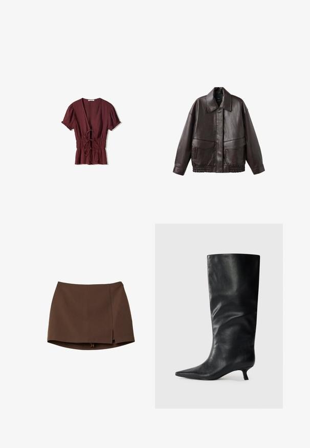 Giacca in pelle marrone con ampio colletto, due tasche frontali e accenti elastici arricciati all'orlo. Texture liscia e lucida.; Top corto bordeaux a maniche corte con scollatura a V profonda, vita arricciata con lacci e tessuto leggermente testurizzato. Orlo svasato con dettagli volant.; Minigonna marrone realizzata in tessuto liscio, con spacco frontale, linee pulite e vestibilità strutturata. Senza tasche o dettagli hardware evidenti.; Stivale in pelle nera alto fino al ginocchio con punta affilata e tacco kitten basso, esposto su uno sfondo chiaro e semplice.