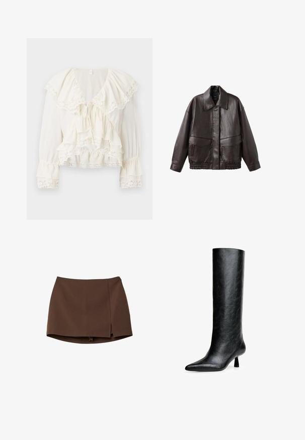 Brązowa skórzana kurtka z szerokim kołnierzem, dwiema przednimi kieszeniami oraz elastycznymi marszczeniami na dolnej krawędzi. Gładka, błyszcząca tekstura.; Biała bluzka z warstwowym, falbaniastym wzorem, koronkowym wykończeniem na rękawach i u dołu oraz dekoltem w kształcie litery V z regulowanym sznurkiem.; Brązowa mini spódnica wykonana z gładkiej tkaniny, z przednim rozcięciem, czystymi liniami i dopasowanym fasonem. Bez kieszeni i wyróżniających się elementów metalowych.; Czarne, wysokie botki do kolan wykonane z fakturowanej skóry. Mają spiczasty nosek i mały, rozszerzający się obcas. Elegancki, gładki design z minimalnymi akcentami.