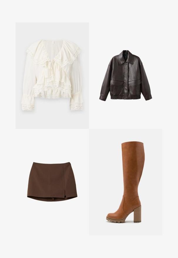 Hnědá kožená bunda s širokým límcem, dvěma předními kapsami a elastickými nařasenými prvky na spodním lemu. Hladká, lesklá textura.; Bílá blůza s vrstveným, volánkovým designem, krajkovým lemem na rukávech a spodním okraji, a výstřihem do V se stahovací šňůrkou.; Hnědá minisukně z hladké látky, s předním rozparkem, čistými liniemi a strukturovaným střihem. Bez kapes a výrazných kovových doplňků.; Anna Field Kozačky na vysokém podpatku - cognac