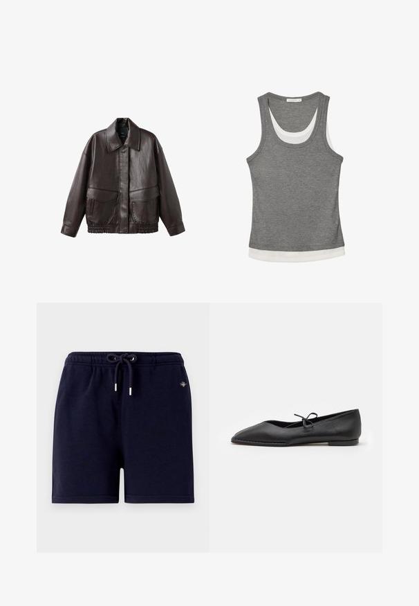 Hnedá kožená bunda so širokým golierom, dvoma prednými vreckami a elastickými zhromaždenými detailmi na spodnom leme. Hladká, lesklá textúra.; Sivý tielko z rebrového materiálu s bielym viacvrstvovým spodkom a výstrihom do lodičky. Dizajn je bez rukávov a má priliehavý strih.; Tmavomodré bavlnené šortky s elastickým pásom, šnúrkami a striebornými kovovými detailmi. Jednoduchý dizajn, bez viditeľných vzorov.; ALOHAS SWAY - Balerínky - black