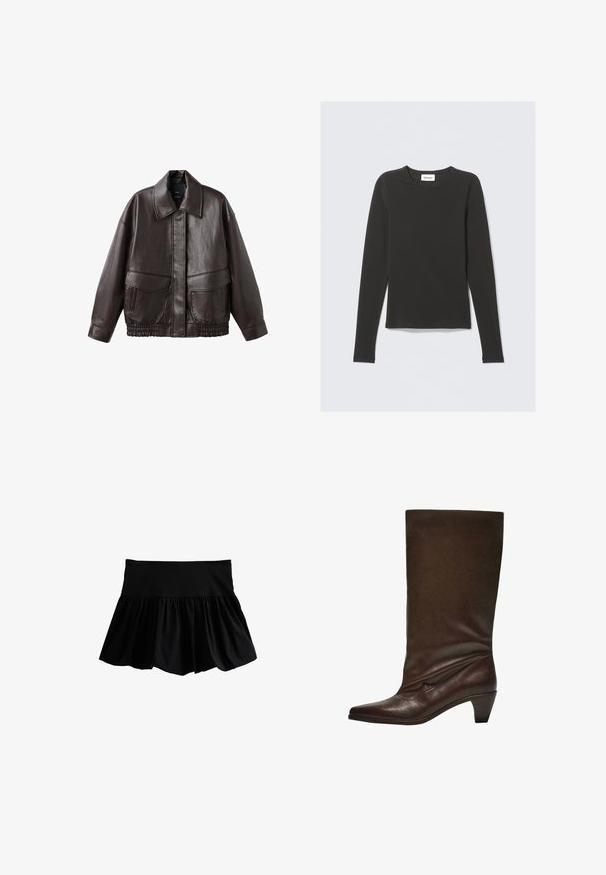 Brun läderjacka med bred krage, två framfickor och elastiska samlade detaljer vid fållen. Slät, glänsande yta.; Svart långärmad tröja med rund hals och en liten vit etikett med texten "WEEKDAY" inuti kragen, visad mot en ljus bakgrund.; Svart utsvängd kjol med bred elastisk midja, med en slät yta och rynkad tyg för ökad volym vid nederkanten.; Mörkbrun läderstövel i midikalvslängd med låg staplad klack, spetsig tå och något nedslagen skafthörn mot en vit bakgrund.