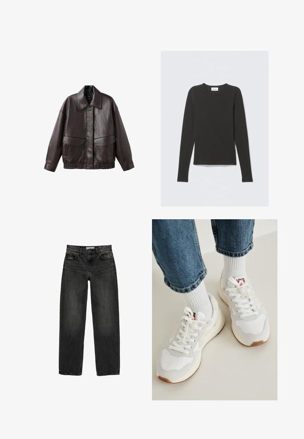 Brun læderjakke med en bred krave, to forlommer og elastiske samlinger ved kanten. Glat, blank tekstur.; Sort langærmet t-shirt med rund hals og et lille hvidt mærke med teksten "WEEKDAY" indeni kraven, præsenteret på en lys baggrund.; Sort denim jeans med en afslappet pasform, lige ben, fem-lomme design og en let falmet tekstur. Knap- og lynlåslukning foran.; Hvide sneakers med beige detaljer, snøring og en struktureret tåboks. Sammen med ribbede hvide strømper og opfoldede blå denim jeans.