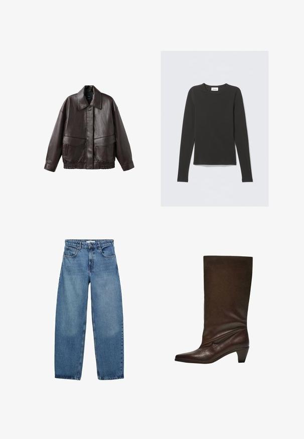 Smeđa kožna jakna s širokim ovratnikom, dva prednja džepa i elastičnim naborima na rubu. Glatka, sjajna tekstura.; Crna majica dugih rukava s okruglim izrezom, sa malom bijelom etiketom na kojoj piše "WEEKDAY" unutar ovratnika, prikazana na svijetloj pozadini.; Svijetloplavi traperice s ležernim krojem, ravnim nogavicama, dizajnom s pet džepova i zatvaranjem na gumb. Tkanina ima mekanu teksturu s suptilnim izbljeđenjem.; Tamnosmeđi kožni čizme do sredine lista s niskim složenim potplatom, šiljastim prstom i malo opuštenim okovratnikom, protiv bijele pozadine.