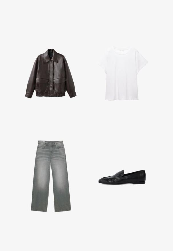 Rjava usnjena jakna z širokim ovratnikom, dvema sprednjima žepoma in elastičnimi nabrano oblikovanimi poudarki na robu. Gladka, sijoča tekstura.; Bela majica s kratkimi rukavi, izdelana iz mehkega in lahkega blaga. Ima okroglo ovratnico ter kratke, široke rokave z udobnim krojem. Brez vidnih vzorcev.; Sive široke kavbojke iz denima z rahlo zbledelim videzom, zasnovo petih žepov ter klasičnim gumbom in zadrgo.; Črni usnjeni loafers čevlji z zaobljenim nosom, šivani detajli spredaj in ravnim podplatom. Minimalistična zasnova z diskretnim logotipom.