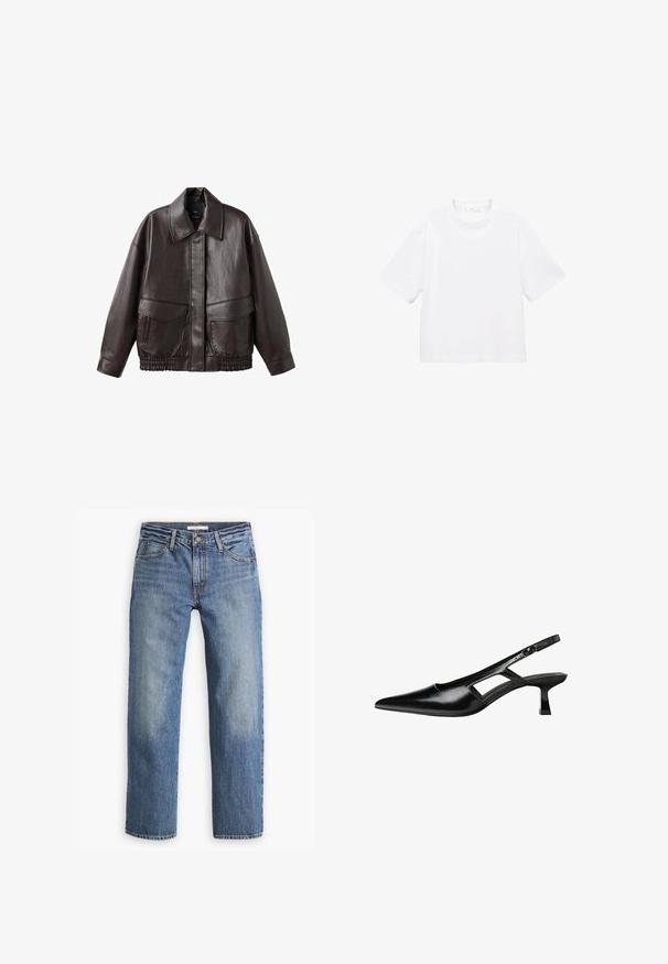 Hnědá kožená bunda s širokým límcem, dvěma předními kapsami a elastickými nařasenými prvky na spodním lemu. Hladká, lesklá textura.; Bílý bavlněný tričko s krátkým rukávem a kulatým výstřihem. Jednoduchý design, volný střih, hladká textura. Žádné vzory ani zvýraznění nejsou viditelné.; Světle modré džíny z denimu, rovný střih, střední pas, pět kapes, tónová nit a knoflíkový zip.; Černé lakované lodičky na podpatku se špičatou špičkou, výřezovým designem na boku a malým čtvercovým podpatkem. Hladká textura s minimálními akcenty.