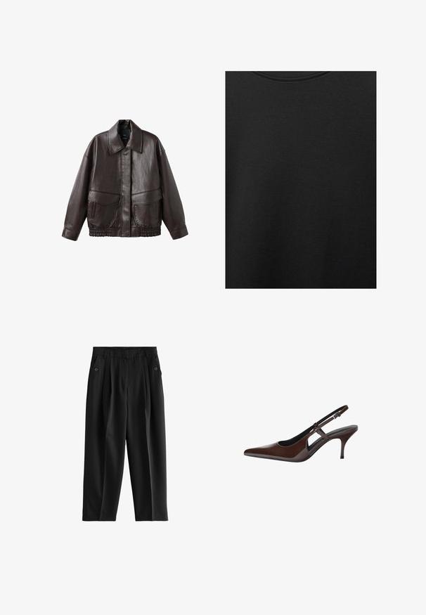 Jachetă din piele maro cu guler lat, două buzunare frontale și accente elastice strânse la tiv. Textură netedă, lucioasă.; Țesătură de bumbac neagră cu o textură netedă și un guler rotund, având un model de granulație subtil și uniform. Fără logo-uri sau accente vizibile.; Pantaloni negri cu un design cu picioare late, plieguri în față și două buzunare laterale cu accente de fante. Țesătură netedă și ușoară.; Pantofi slingback din piele patenta maro, cu vârful ascuțit, decupaje deschise și toc subțire. Dispun de o curea ajustabilă cu cataramă.